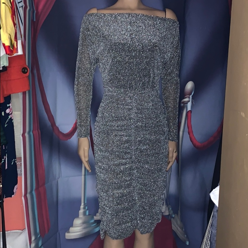 New Silver Metallic Dress small women off shoulder